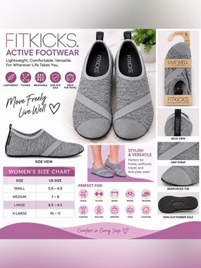 FITKICKS WATERPROOF ACTIVE FOOTWEAR - GREY SIZE LARGE 8.5/9.5 (NEW WITH TAGS) B9